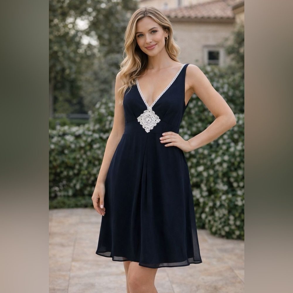 Jonathan Martin Black Chiffon Midi Dress‎ with Crochet Detail (Size 10)